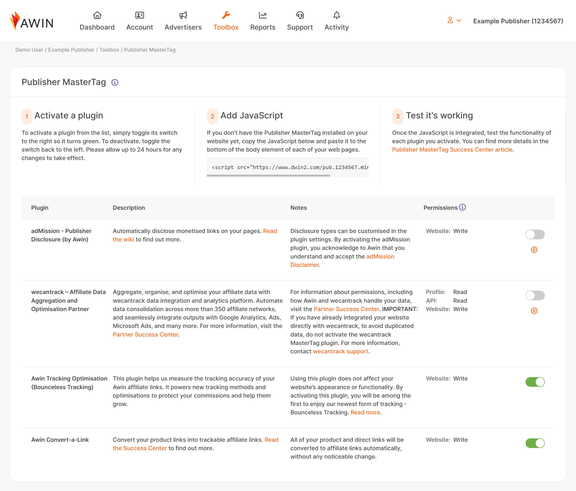 Screenshot des Bereichs "Publisher MasterTag" der Awin-Plattform